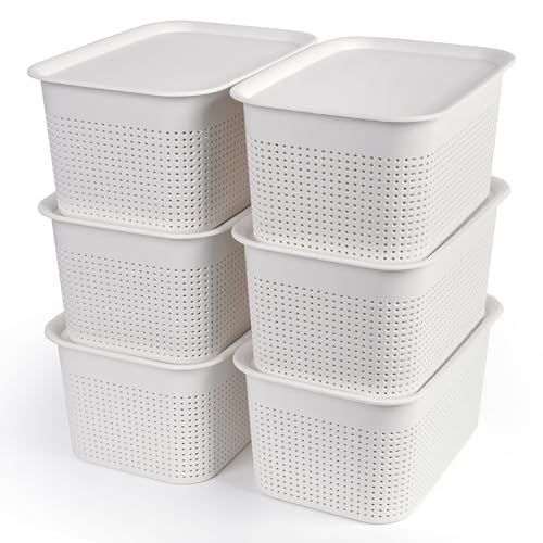 Winter Shore Contenitori Plastica Con Coperchio Bianchi [Confezione Da 6] - Contenitori Impilabili Con Coperchio Per Aula, Ufficio, Accessori - Ceste 