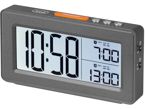 Trevi Sld 3P40 Orologio Digitale Con Grande Display Lcd Retroilluminato, Possibilità Di Impostare Due Sveglie Separate, Funzione Snooze, Grigio Metal