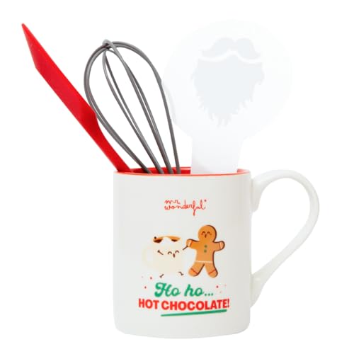 Mr. Wonderful Ho Ho… Hot Chocolate Set Tazza + Utensili Per Fare La Cioccolata Calda, Set Regalo: Tazza, Frusta, Spatola E Stencil