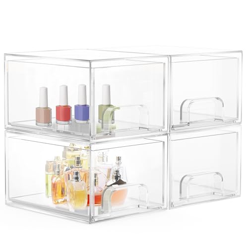 Rsarouud Moy 4 Pezzi Organizer Cassetti Impilabile Trasparenti,Acrilico Organizer Trucchi Cassetti Con 32 Tappetini Antiscivolo,Organizer A Cassetti T