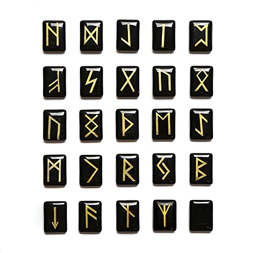 Wangcl Set Di 25 Pietre Runiche Di Ossidiana Nera, Pietra Preziosa Burattata Con Parole Runiche Intagliate Per La Predizione Della Fortuna Crystal Hea