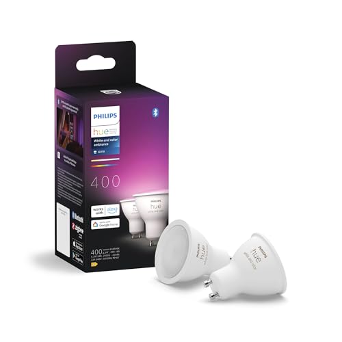 Philips Hue Faretto Smart Gu10, Luce Bianca E Colorata (2 Pezzi), 400Lm, Compatibile Con Bluetooth, Controllo Vocale Con Alexa, Apple Home E Google As