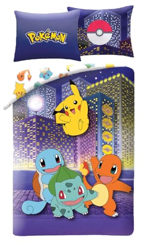 Set Copripiumino Reversibile Pokemon City, Copripiumino 140 X 200 Cm E Federa, 100% Poliestere