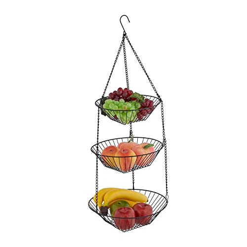 Relaxdays Portafrutta Da Appendere, 3 Cesti Per Frutta E Verdura, Hxd: 73X28 Cm, Cestini Design Aperto In Acciaio, Nero