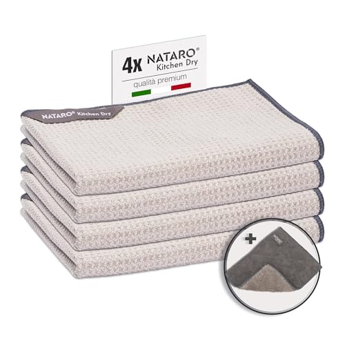 Nataro® Kitchen Dry - Set Di 4 Strofinacci In Microfibra Di Alta Qualità, Senza Aloni E Senza Pelucchi, Per La Vostra Cucina, Con Asciugamano Incluso,