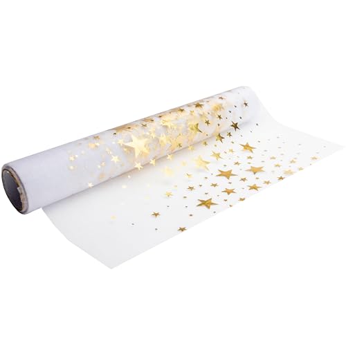 100%Mosel Runner Da Tavola In Organza, Stelle Oro/Metallizzato (28 Cm X 5 M), Runner Trasparente, Elegante Decorazione Da Tavola Per Natale & Avvento,