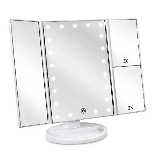 Deweisn Specchio Trucco Con Luci 21 Leds, Specchio Di Vanity Trifold Pieghevole Ruota Di 180° Ingrandimento 1X / 2X / 3X Specchio Per Il Trucco Touchs