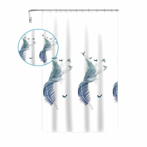 Vetrineinrete® Tenda Per Doccia Vasca Da Bagno Impermeabile Pvc 12 Ganci Con Fondo Bianco Decorata Con Piume 240X200 Cm