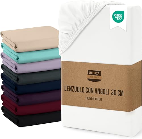 Utopia Bedding Lenzuolo Con Angoli, Una Piazza - 180X200X30 Cm - Bianco - Microfibra Di Poliestere Spazzolato - Lenzuolo Sotto Con Angoli Elasticizzat