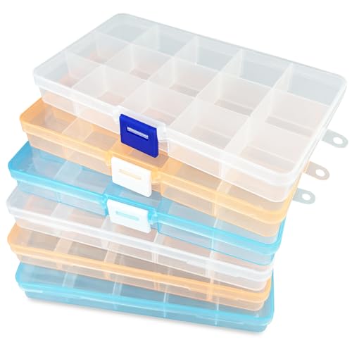 Gentpovth 6 Pezzi Scatole Portaoggetti In Plastica, Con 15 Scomparti E Divisori Regolabili, Coperchio Custodia Rettangolare Stoccaggio Contenitore, Pe