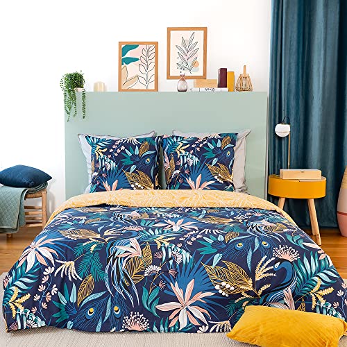Côte Deco Parure Da Letto Per 2 Persone Con Copripiumino 220 X 240 Cm + 2 Federe Da 63 X 63 Cm, Motivo Foglie Tropicali, 100% Cotone Ammorbidito Blu (