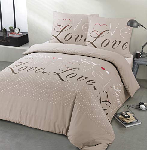 Vision - Parure Copripiumino In Flanella Love Taupe – Copripiumino 260 X 240 Cm Con 2 Federe Assortite 65 X 65 Cm – 100% Cotone
