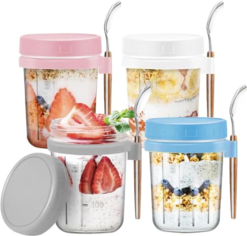 Collazoey Overnight Oats Contenitore, 4 Pezzi 350Ml 400Ml Barattoli Di Vetro Riutilizzabili, Con Cucchiaio E Coperchio, Porta Yogurt Refrigerato Per C