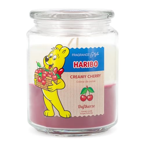 Haribo Candela Profumata In Barattolo Con Coperchio | Creamy Cherry | Candela Profumata Fruttata Dolce | Candela Lunga Durata (100 H) | 2 Strati Di Ca