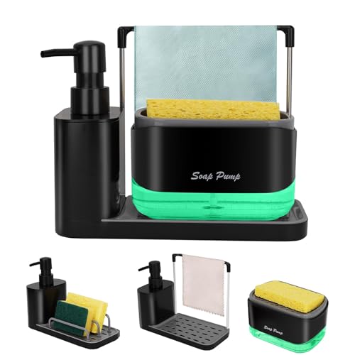 Dispenser Di Sapone Da Cucina Con Supporto Della Spugna E Supporto Della Tovaglia, 3-In-1 Mano E Piatto Sapone Dispenser Set, Per Lavello Da Cucina Co