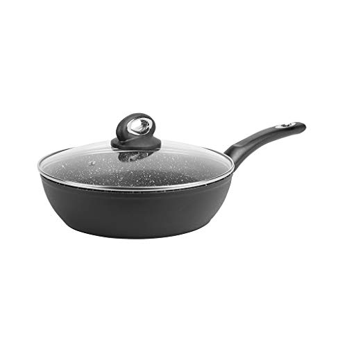 Sitram 711708 - Padella In Granito Diam. 24 Cm In Alluminio Forgiato Rivestimento Nero Antiaderente Senza Pfoa – Aspetto Pietra – Coperchio In Vetro –