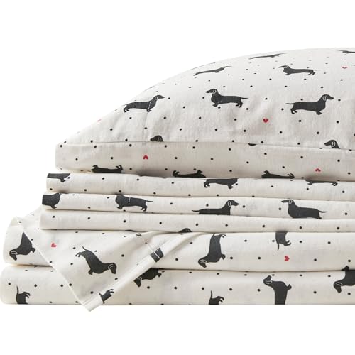 Comfort Spaces Lenzuola In Flanella Di Cotone Traspirante, Calde E Profonde Con Federa Per Cuscino, Doppie, Cane Nero 3 Pezzi