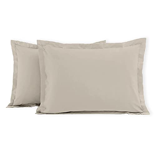 Home Linge Passion - Lot De 2 Taies D'Oreiller 100% Coton 57 Fils 50 X 70 Cm Finition Oxford (Volant Plat Piqué) -Beige Creme Ivoire Hp70648