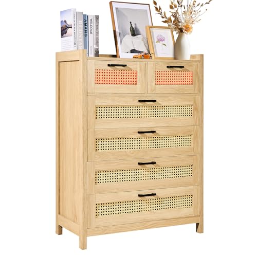 Vevor Cassettiere In Rattan Naturale Con 5 Cassetti, Moderna Cassettiera Armadio In Legno Per Vestiti E Contenitori Boho Con Maniglie E Gambe Robuste,