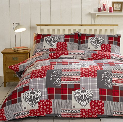 Set Di Biancheria Da Letto King-Size, Con Copripiumino Matrimonialee 2;Federe, 100% In Flanella Di Cotone Spazzolato, Colore: Rosso Su Sfondo Multicol