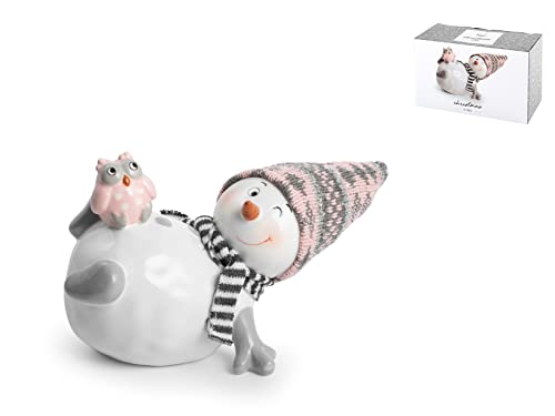H&H Pupazzo Di Neve In Ceramica Sdraiato Colore Grigio E Rosa Cm19