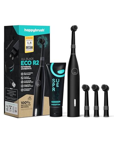 Happybrush Spazzolino Elettrico Eco R2 Vincitore Del Test Ökotest Starter Set Nero - Spazzolino Rotante Sostenibile Con Batteria Inclusa 3 Testine E D