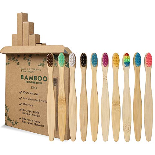 Geekerchip Spazzolino Bamboo Per Bambini[10 Pezzi],Spazzolino Di Bambù Biodegradabili Con Setole Di Carbone Morbide E Disegno Ergonomica-10 Colori