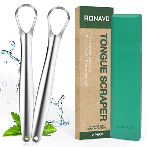 Ronavo - Raschietto Pulisci Lingua, In Acciaio Inox, Per Alitosi, Per Adulti, Pulizia Della Lingua In Pochi Secondi, Confezione Da 2