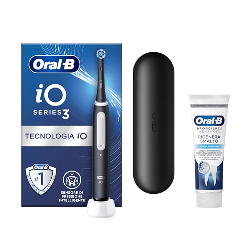 Oral-B Spazzolino Elettrico Ricaricabile Io 3 Nero, 1 Testina Di Ricambio, 1 Custodia Da Viaggio +Dentifricio Pro-Science Advanced Rigenera Smalto Pul