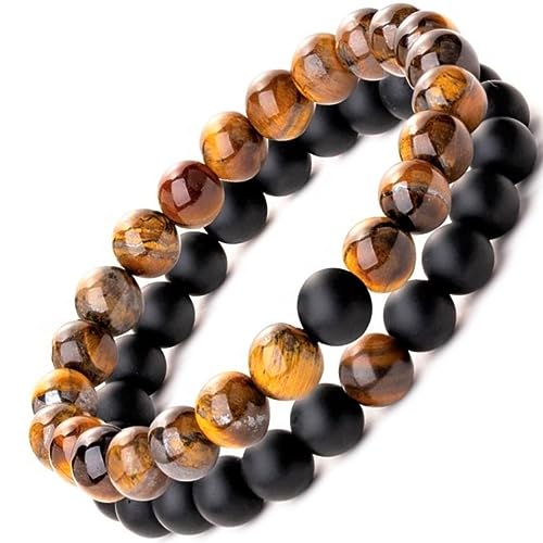 Be Happy With Happy Products Coppia Di Bracciali In Pietra Naturale - Perle In Onice E Occhio Di Tigre - Benefici Della Litoterapia - Potere Delle Pie
