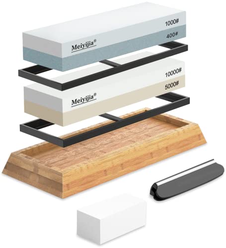 Meiyijia Pietra Per Affilare 2-In-1, Affilacoltelli Professionale Cote Combinazione - Con Stand Silicone Antiscivolo (5000/10000+400/1000 Grit/Set)