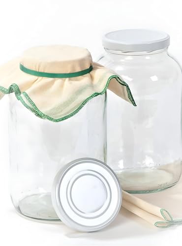 Myferments Barattoli Di Vetro Grandi Con Coperchio 4,25L - 2 Contenitori A Bocca Larga, 2 Mussole 50X50Cm, 2 Elastici - Vasetti Ermetici Per La Fermen