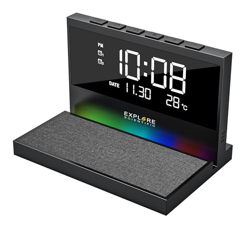 Explore Scientific Bcc2002, Orologio Da Scrivania/Comodino Con Ricarica Wireless 15W, Sveglia, Indicatore Data, Temperatura, Nero