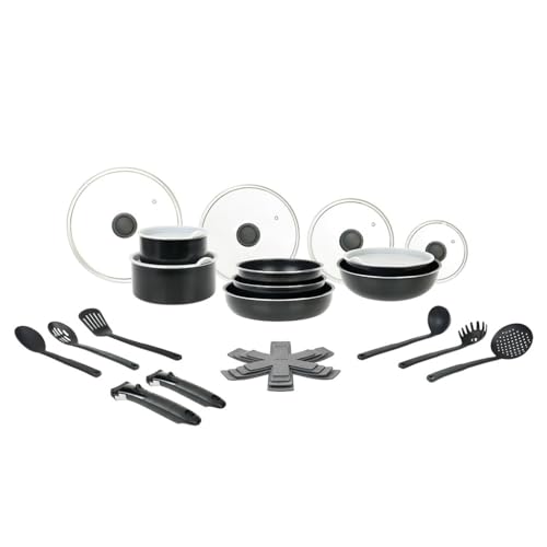 Sitram 715802 - Batteria Da Cucina In Alluminio, 26 Pezzi: 2 Maniche Estraibili, 3 Padelle Ø20,22,26 Cm, 2 Padelle Ø16,20 Cm, 1 Wok Ø28 Cm, 1 Padella
