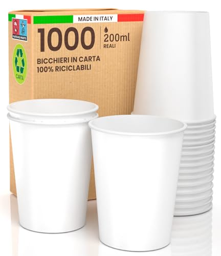 1000 Bicchieri In Carta 200Ml Ecologici Biodegradabili Monouso Bianchi Made In Italy Asporto Bevande Calde Acqua - Prodotto E Confezionato In Italia