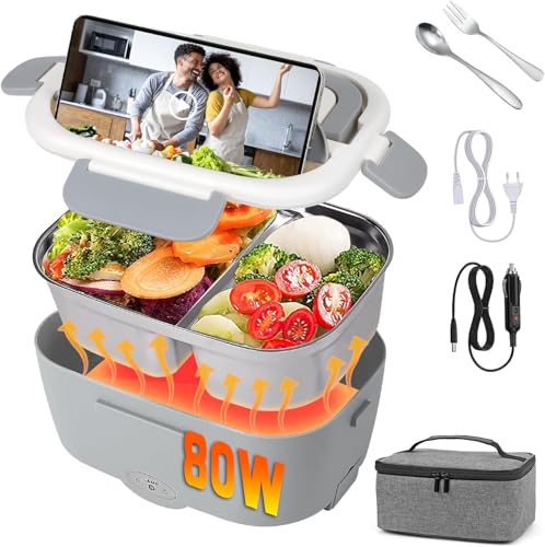 80W Scaldavivande Elettrico Portatile Elettrico Portatile Lunch Box 12V 24V 220V 1,5L Contenitore Elettrico Portavivande Con Acciaio Inox Forchetta E
