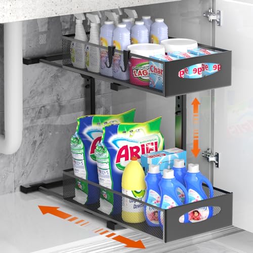 Housolution Organizer Sottolavello Cucina In Metallo, Scaffale Sottolavello Cucina Estraibile A 2 Livelli Con Altezza Regolabile, Organizzatore Sottol
