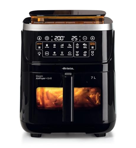 Ariete 4636 Friggitrice Ad Aria Con Funzione Vapore + Grill, 1700W, Funzione Essiccazione, 10 Funzioni Di Cottura, Cestello Trasparente, Timer, Nero