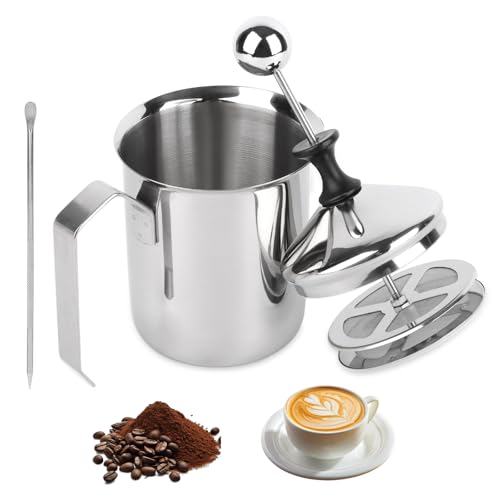 Tnomsno Montalatte Manuale, 400Ml Acciaio Inox Milk Frother Frullino Montalatte, Con Un Perno Di Trazione, Doppia Maglia Del Latte Per La Montatura De