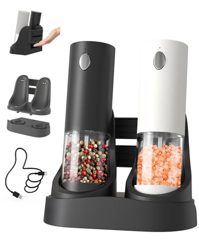 Circle Joy Set Macina Elettrico Per Sale E Pepe Con Stazione Di Ricarica Doppia Facile Da Trasportare, Contenitore Trasparente Lavabile Da 95Ml, Luce 