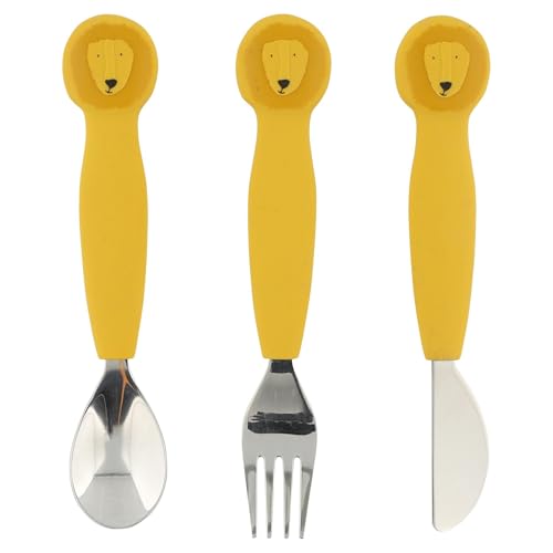 Trixie Baby Trixie - Set Di Posate In Silicone E Acciaio Inossidabile, Per Neonati E Bambini, 3 Pezzi (Forchetta, Cucchiaio E Coltello) Mr. Leone, 96-