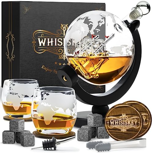 Whisiskey Decanter Per Whisky - Set Whisky Regalo - Idee Regalo Uomo Compleanno - Globe Decanter 900Ml, Scatola Regalo, 2 Bicchieri Da Whisky X 285Ml,