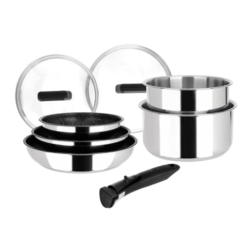 Sitram 714248 - Pentole In Acciaio Inox, 8 Pezzi: 3 Padelle Ø20,24,28 Cm + 2 Padelle Ø16,18 Cm + 2 Coperchi In Vetro Ø16,18 Cm + Manico Rimovibile, Tu