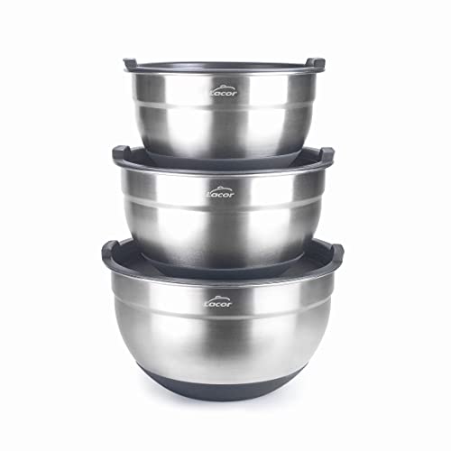 Lacor - 60051 - Set Di 3 Ciotole In Acciaio Inox, Ciotole, Insalatiere, Contenitori Per Alimenti, Include Coperchi, Impilabili, Dimensioni: 20 Cm (3 L