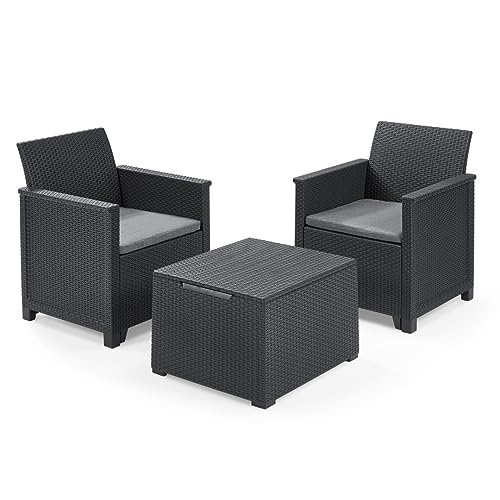 Keter Emma Balcony Set - Mobile Da Esterno Composto Da Due Poltrone Con Cuscini E Tavolino Contenitore, Grafite