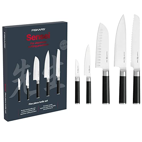 Fiskars, Set Di Coltelli, 5 Pezzi, Coltello Da Cuoco, Coltello Per Il Pane, Coltello Santoku, Coltello Per Verdure, Coltello Per Sbucciare, Acciaio In