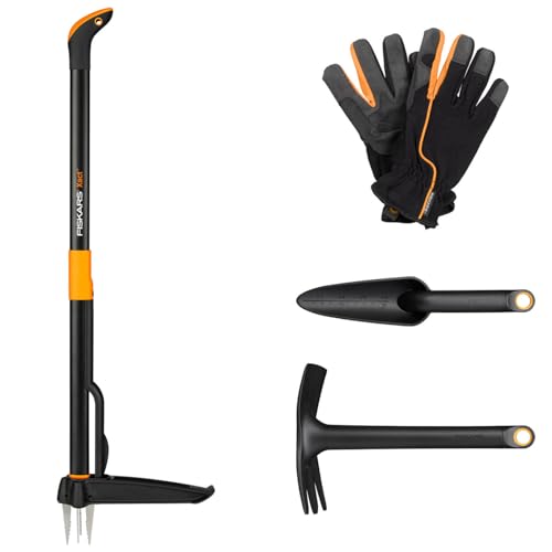 Fiskars Set Di Attrezzi Da Giardino, 4 Pezzi, Sarchiatore Xact, Acciaio Inox/Plastica, Zappa E Cazzuola Combinata Solid, Fibercomp,Guanti Da Giardino,