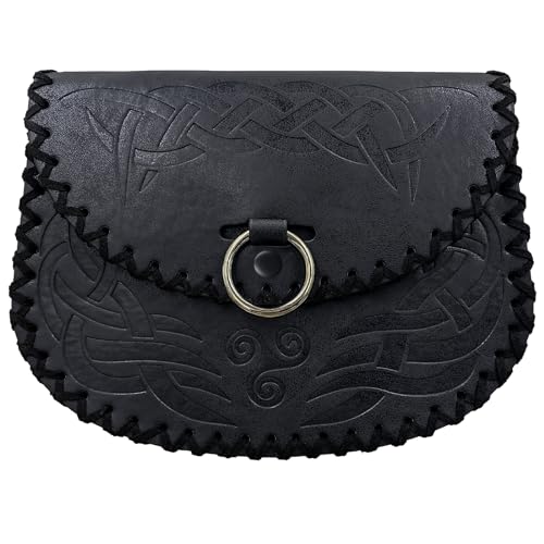 Hiifeuer Viking Embossed Belt Bag, Vintage Medieval Faux Leather Side Pack, Middle Ages Portable Belt Pouch For Larp Ren Faire (Black B)
