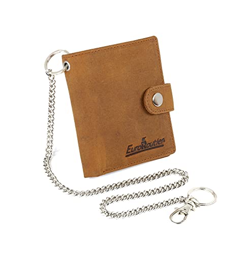 Euroroutier ® Portafoglio Biker Motociclista In Vera Pelle Brown Con Catena, Piccolo Con Protezione Rfid