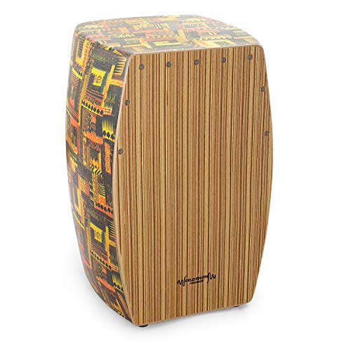 World Rhythm Caj3-Dk Tamburo Cajon Con Superfice Rifinita In Stile Zebrano, Design Tribale Giallo E Arancione